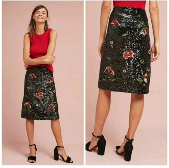 Anthropologie Maeve Garden Glitz Black Sequined Pencil Skirt sz 0 - Picture 1 of 8